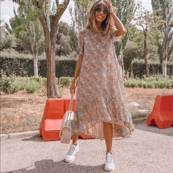 Zara Dresses & Skirts - Zara The Carmen Floral Sheer Hi Low Ruffle Midi Dress Size S